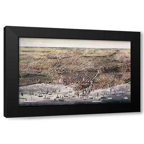 City of Chicago Black Modern Wood Framed Art Print with Double Matting by Ives, Currier and