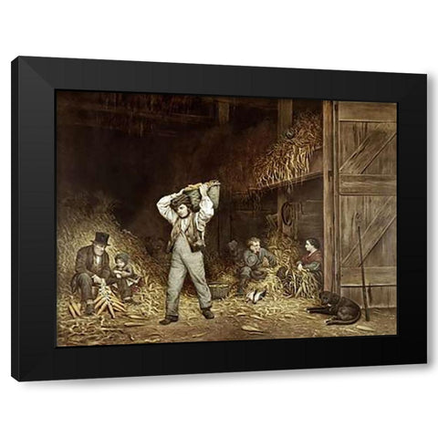 Husking Corn Black Modern Wood Framed Art Print with Double Matting by Ives, Currier and