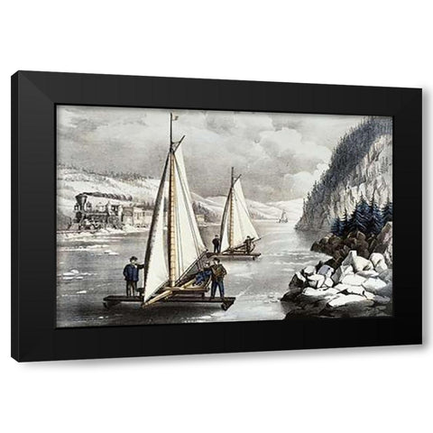 Ice Boat Race On The Hudson Black Modern Wood Framed Art Print with Double Matting by Ives, Currier and