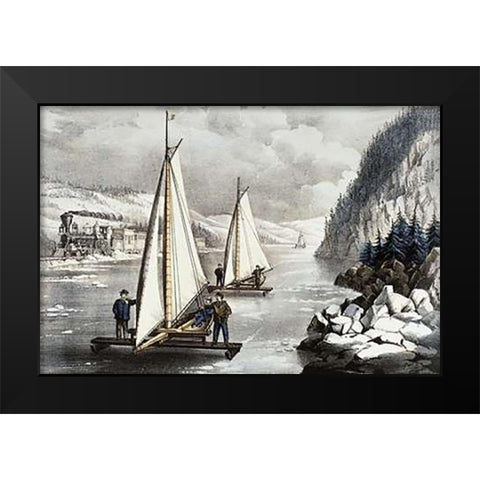 Ice Boat Race On The Hudson Black Modern Wood Framed Art Print by Ives, Currier and
