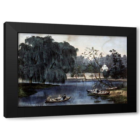 Rural Lake Black Modern Wood Framed Art Print with Double Matting by Currier and Ives