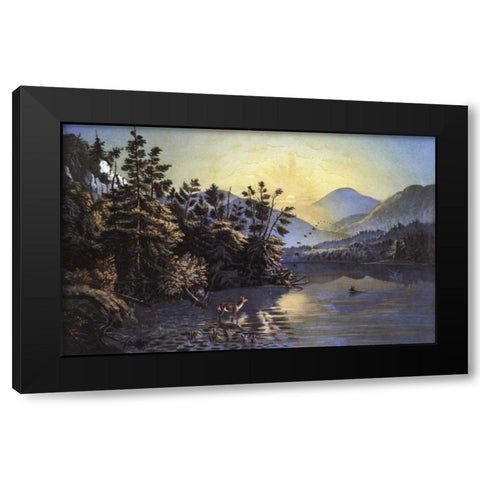 Sunrise On Lake Saranac Black Modern Wood Framed Art Print with Double Matting by Currier and Ives