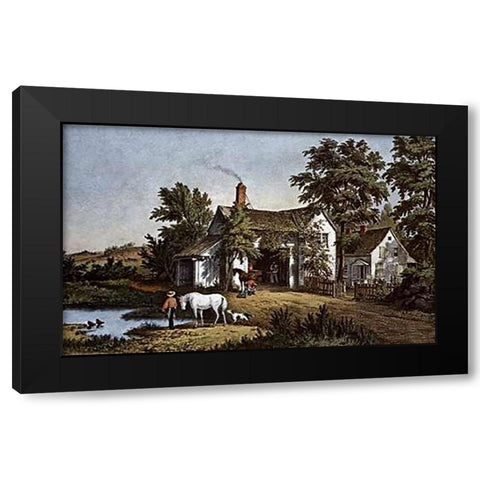 Village Blacksmith Black Modern Wood Framed Art Print with Double Matting by Ives, Currier and