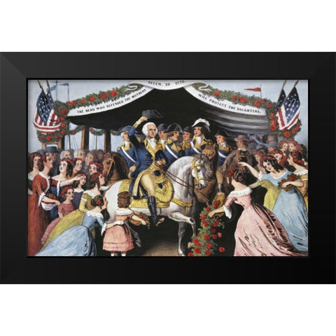 Washingtons Reception, On The Bridge Trenton Black Modern Wood Framed Art Print by Currier and Ives