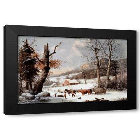 Winter In The Country - Homeward From The Wood-Lot Black Modern Wood Framed Art Print with Double Matting by Currier and Ives