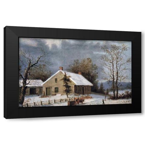 Winter Wood Black Modern Wood Framed Art Print with Double Matting by Currier and Ives