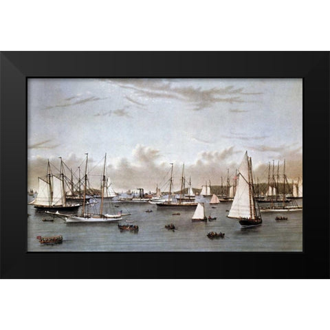 Yacht Squadron - Newport Black Modern Wood Framed Art Print by Currier and Ives