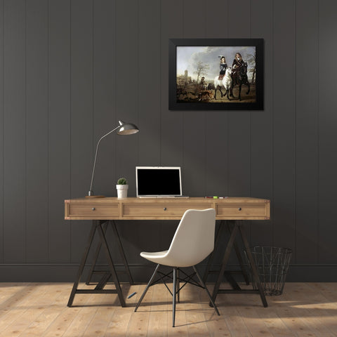 Lady and Gentleman On Horseback Black Modern Wood Framed Art Print by Cuyp, Aelbert