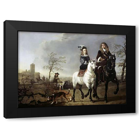 Lady and Gentleman On Horseback Black Modern Wood Framed Art Print with Double Matting by Cuyp, Aelbert