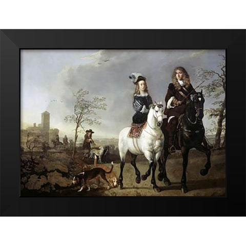 Lady and Gentleman On Horseback Black Modern Wood Framed Art Print by Cuyp, Aelbert