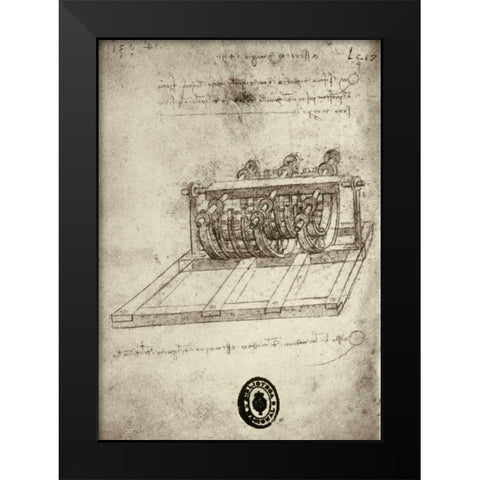 Mechanical Sketches Black Modern Wood Framed Art Print by Da Vinci, Leonardo