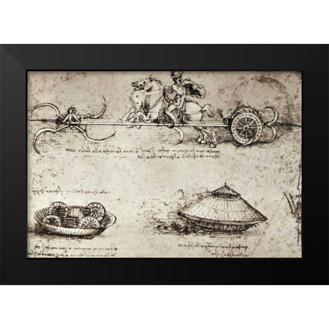 Military Inventions Sketches Black Modern Wood Framed Art Print by Da Vinci, Leonardo