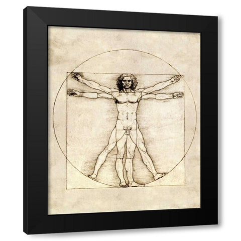 Proportions of the Human Figure - Vitruvian Man Black Modern Wood Framed Art Print with Double Matting by Da Vinci, Leonardo