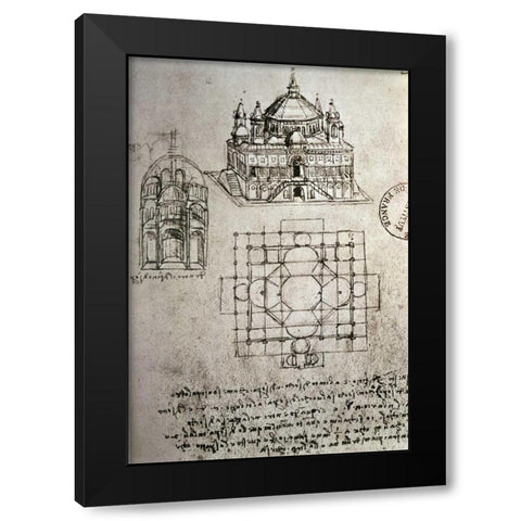 Sketch of a Square Church with Central Dome and Minaret Black Modern Wood Framed Art Print with Double Matting by Da Vinci, Leonardo