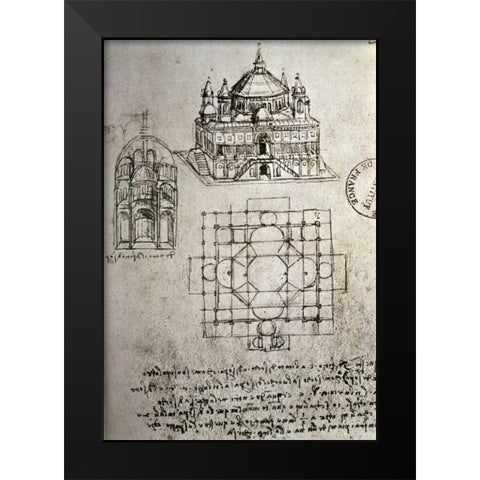 Sketch of a Square Church with Central Dome and Minaret Black Modern Wood Framed Art Print by Da Vinci, Leonardo