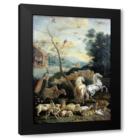 Animals Assembling before the Flood Black Modern Wood Framed Art Print with Double Matting by De Hondt, Lambert