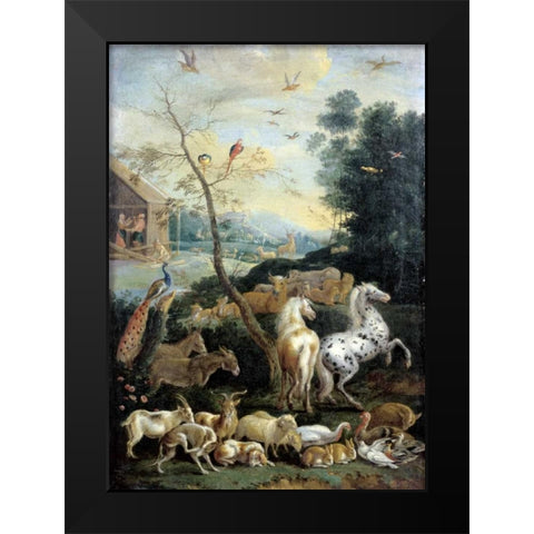 Animals Assembling before the Flood Black Modern Wood Framed Art Print by De Hondt, Lambert