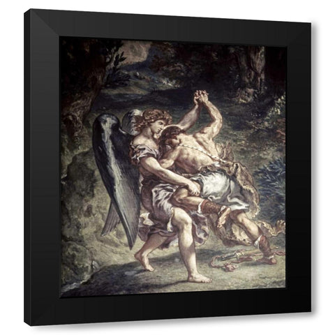 Jacob Wrestles With The Angel Black Modern Wood Framed Art Print with Double Matting by Delacroix, Eugene