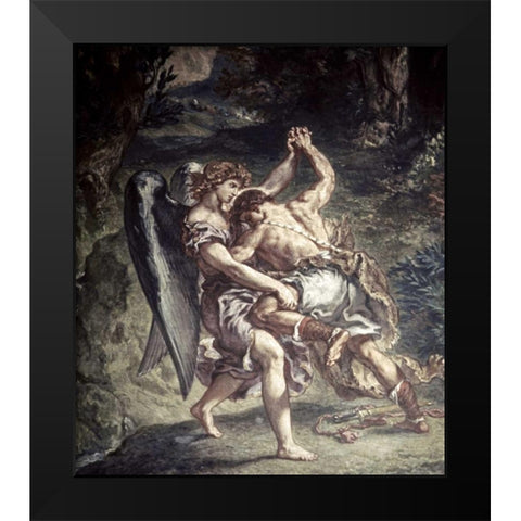Jacob Wrestles With The Angel Black Modern Wood Framed Art Print by Delacroix, Eugene