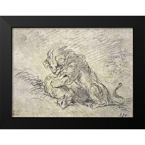 Lion Consuming a Sheep Black Modern Wood Framed Art Print by Delacroix, Eugene