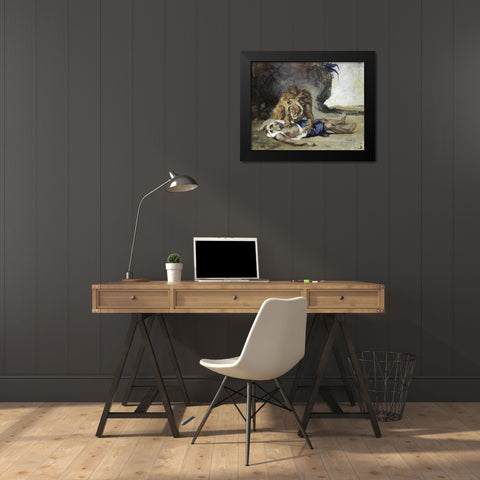 Lion Rending Apart a Corpse Black Modern Wood Framed Art Print by Delacroix, Eugene
