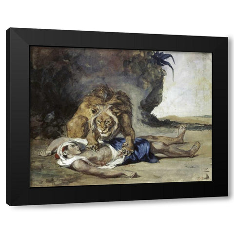Lion Rending Apart a Corpse Black Modern Wood Framed Art Print with Double Matting by Delacroix, Eugene