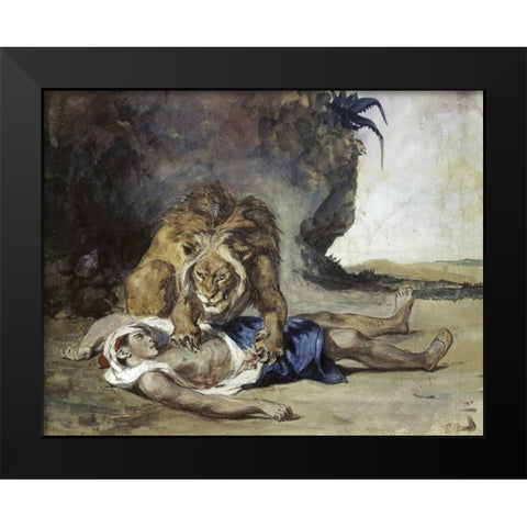 Lion Rending Apart a Corpse Black Modern Wood Framed Art Print by Delacroix, Eugene