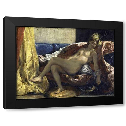Woman Caressing a Parrot Black Modern Wood Framed Art Print by Delacroix, Eugene