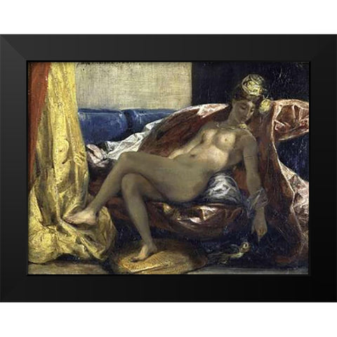 Woman Caressing a Parrot Black Modern Wood Framed Art Print by Delacroix, Eugene