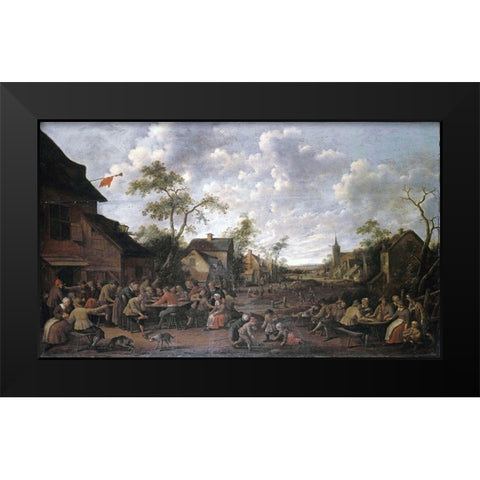 Peasants Feasting On a Village Street Black Modern Wood Framed Art Print by Droochsloot, Joost Cornelisz