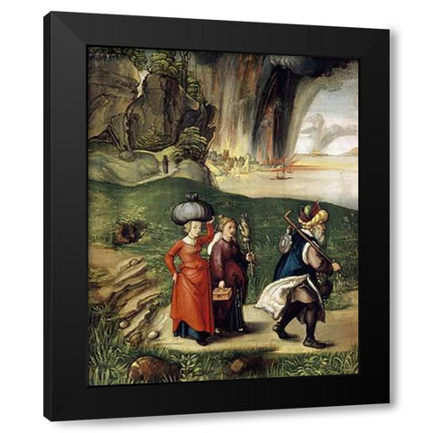 Lot and His Family Fleeing From Sodom Black Modern Wood Framed Art Print with Double Matting by Durer, Albrecht