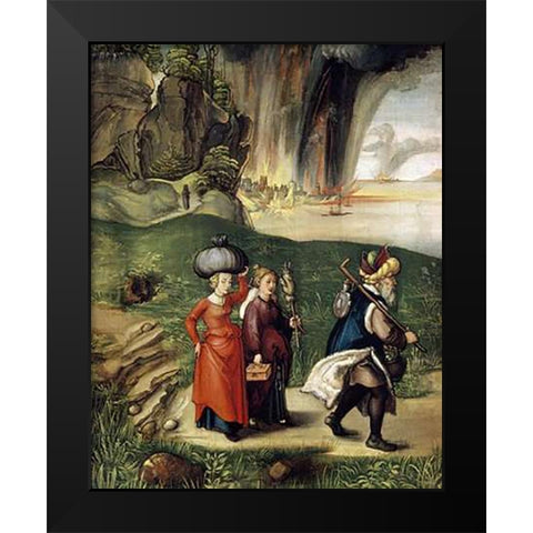 Lot and His Family Fleeing From Sodom Black Modern Wood Framed Art Print by Durer, Albrecht