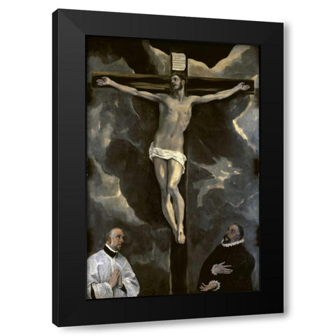 Christ on the Cross Adored by Two Donors Black Modern Wood Framed Art Print by El Greco