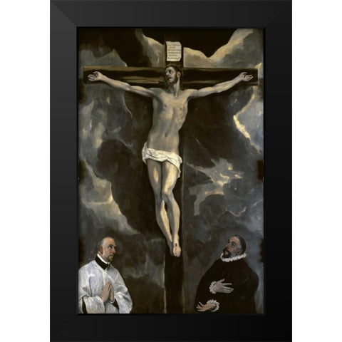 Christ on the Cross Adored by Two Donors Black Modern Wood Framed Art Print by El Greco