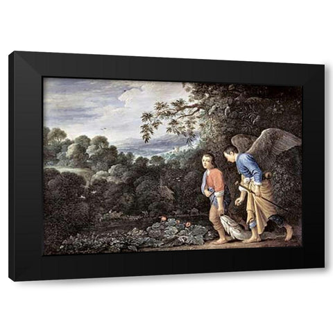 Tobias and The Angel Black Modern Wood Framed Art Print by Elsheimer, Adam