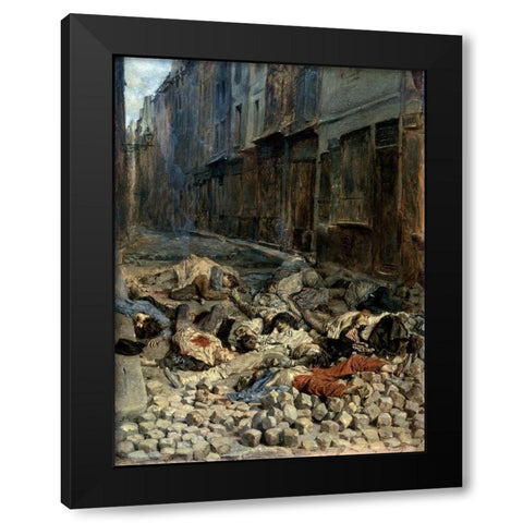La Barricade, Rue De La Mortellerie Black Modern Wood Framed Art Print by Ernest, Jean Louis