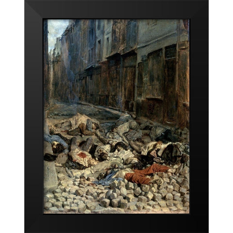 La Barricade, Rue De La Mortellerie Black Modern Wood Framed Art Print by Ernest, Jean Louis