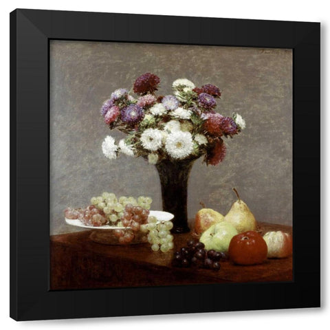 Still Life With Dahlias and Fruit Black Modern Wood Framed Art Print by Fantin-Latour, Henri