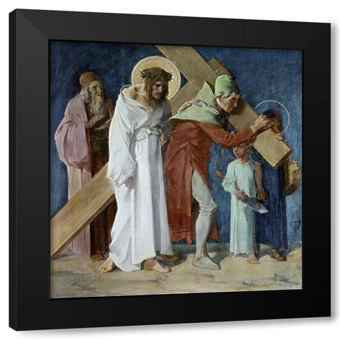 Simon of Cyrene Helps Jesus, 5th Station of The Cross Black Modern Wood Framed Art Print by Feuerstein, Martin
