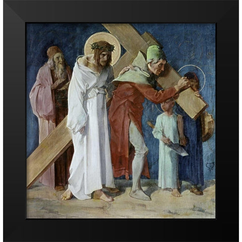 Simon of Cyrene Helps Jesus, 5th Station of The Cross Black Modern Wood Framed Art Print by Feuerstein, Martin