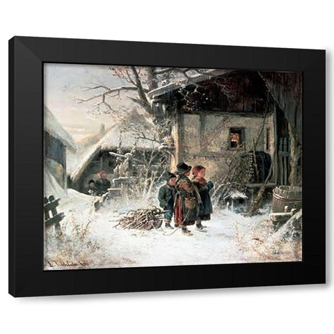 Children In The Snow Black Modern Wood Framed Art Print with Double Matting by Frohlich, Bernhard