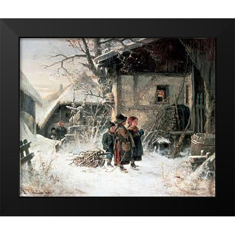 Children In The Snow Black Modern Wood Framed Art Print by Frohlich, Bernhard