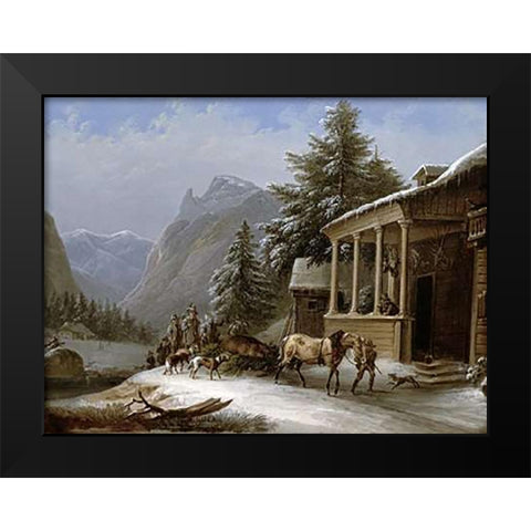 Winter In The Bavarian Alps Black Modern Wood Framed Art Print by Gauermann, Jakob