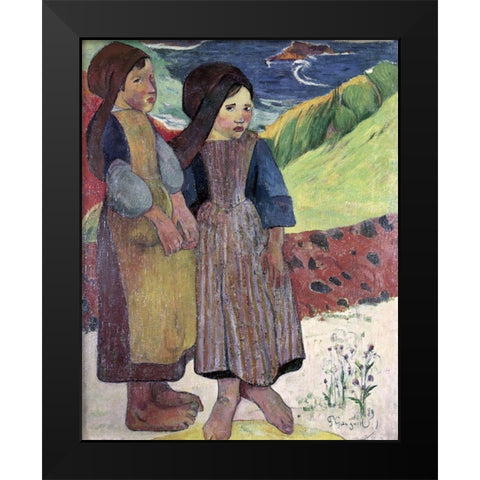 Two Breton Girls By The Sea Black Modern Wood Framed Art Print by Gauguin, Paul