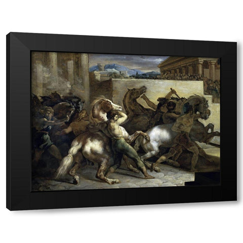 Run of The Wild Horses In Rome Black Modern Wood Framed Art Print with Double Matting by Gericault, Theodore