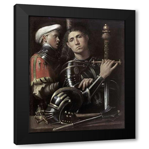 Portrait of a Man In Armor With His Page Black Modern Wood Framed Art Print by Giorgione, Giorgio