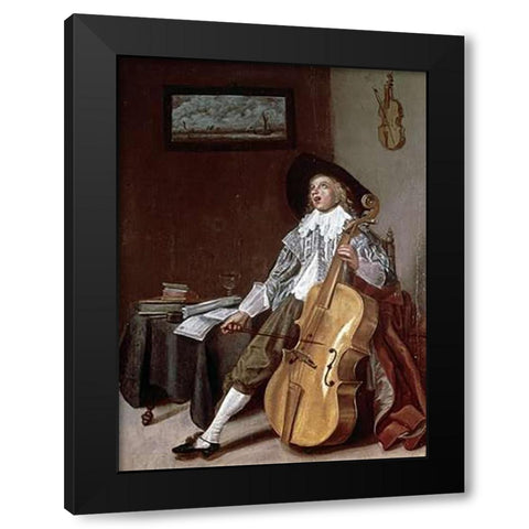 Cello Player Black Modern Wood Framed Art Print by Hals, Dirck