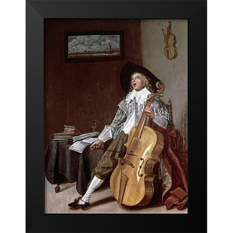 Cello Player Black Modern Wood Framed Art Print by Hals, Dirck