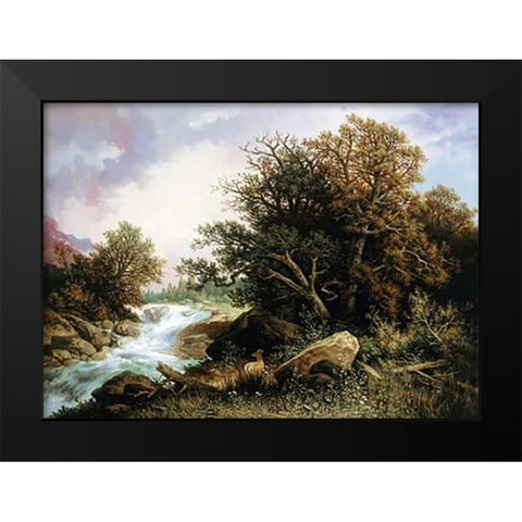 Deer Near a Stream Black Modern Wood Framed Art Print by Hasch, Carl