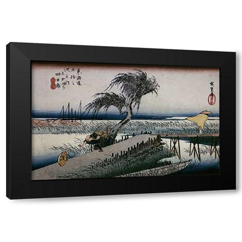 Riverscene Black Modern Wood Framed Art Print by Hiroshige
